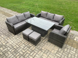 Fimous Outdoor Rattan Garden Furniture Sets Height Adjustable Rising lifting Dining Table Sofa Set with Reclining Chair 2 Small Footstool Dark Grey Mixed