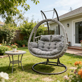 Fimous Indoor Outdoor Hammock Patio Rattan Love Egg Hanging Chair Garden With Grey Thick Cushion
