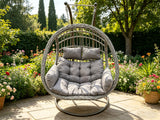 Fimous Rattan Hammock Garden Two Seater Hanging Egg Chair Indoor Outdoor Patio Furniture with Grey Cushion