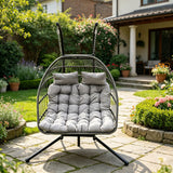 Fimous Indoor Outdoor Hammock Patio Rattan Double Egg Hanging Chair Garden With Grey Thick Cushion