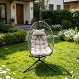 Fimous Rattan Garden Hammock Foldable Single Hanging Egg Chair Indoor Outdoor Patio Furniture with Grey Cushion