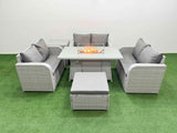 Fimous  7 Seater PE Wicker Rattan Furniture Sofa Sets with Firepit Dining Table 2 Seater Love Sofa Big Footstool Side Table Light Grey