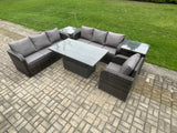 Fimous Outdoor Rattan Garden Furniture Sets Height Adjustable Rising lifting Dining Table Sofa Set with Reclining Chair 2 Side Tables Dark Grey Mixed