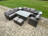 Fimous PE Rattan Outdoor Garden Furniture Sets Height Adjustable Rising lifting Dining Table Sofa Set with 2 Side Tables Reclining Chair 2 Small Footstools
