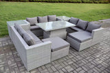 Fimous 11 Seater PE Rattan Garden Funiture Set Outdoor Height Adjustable Rising Lifting Table Sofa Dining Set with 2 Side Tables 2 Big Footstools