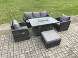 Fimous Patio Outdoor Rattan Garden Furniture Set Propane Gas Fire Pit Table Burner with Lounge Sofa Footstool