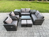 Fimous 8 Seater Rattan Garden Furniture Set Patio Outdoor Lounge Sofa Set with Rectangular Coffee Table 2 Small Footstools Love Sofa 2 Side Tables Dark Grey Mixed