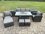 Fimous Wicker Rattan Garden Furniture Sofa set Gas Fire Pit Dining Table Indoor Outdoor with 2 Side Table Chair 3 Footstools