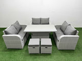 Fimous  8 Seater PE Wicker Rattan Furniture Sofa Sets with Adjustable Lifting Dining or Coffee Table 2 Seater Love Sofa 2 Stool Light Grey