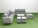 Fimous Outdoor Garden Furniture Sets 9 Seater Wicker Rattan Furniture Sofa Sets with Rectangular Coffee Table high Back Lounge Sofa 3 Stools Light Grey