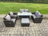Fimous Rattan Outdoor Furniture Garden Dining Set Rectangular Table and Chair Sofa Set With Big Footstool Dark Grey Mixed