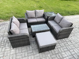 Fimous Outdoor Garden Furniture Sets 7 Seater Wicker Rattan Furniture Sofa Sets with Rectangular Coffee Table Love Sofa Big Footstool Side Table Dark Grey Mixed