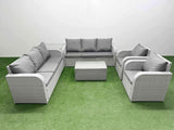 Fimous PE Rattan High Back Lounge Sofa Set Patio Coffee Table & Chairs Set with 3 Seater Sofa Reclining Chair Side Table Light Grey