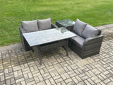 Fimous 4 Seater Rattan Outdoor Garden Furniture Set Rectangular Dining Table and Loveseat Sofa Set With Side Table Dark Grey Mixed