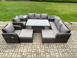 Fimous Rattan Outdoor Garden Furniture Sets Height Adjustable Rising lifting Dining Table Reclining Chair Sofa Set with 2 Side Tables 2 Big Footstools Dark Grey Mixed