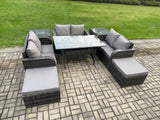 Fimous Outdoor Rattan Garden Furniture Lounge Sofa Set With Oblong Rectangular Dining Table 2 Big Footstool 2 Side Tables