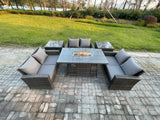 Fimous High Back Rattan Garden Furniture Sofa Sets with Outdoor Furniture Gas Firepit Dining Table Set 2 Side Tables Dark Grey Mixed