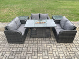 Fimous Rattan Outdoor Garden Furniture Sofa Set Gas Fire Pit Dining Table Gas Heater with 2 Side Tables Love Sofa Dark Grey Mixed