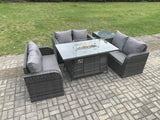 Fimous Rattan Outdoor Garden Furniture Sofa Set Gas Fire Pit Dining Table Gas Heater with Side Table Love Sofa Dark Grey Mixed