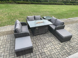Fimous Rattan Outdoor Garden Furniture Sofa Set Gas Fire Pit Dining Table Gas Heater with Side Table Love Sofa 2 Big Footstool Dark Grey Mixed