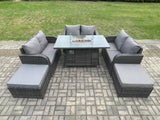 Fimous 8 Seater Rattan Outdoor Garden Furniture Sofa Set Gas Fire Pit Dining Table Gas Heater with Love Sofa 2 Big Footstool Dark Grey Mixed