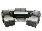 Fimous Outdoor Garden Furniture Set Rattan Sofa Dining Table Set with Reclining Chair 2 Big Footstool 2 Side Tables Dark Grey Mixed