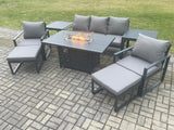 Fimous Aluminium Patio Outdoor Garden Furniture Lounge Sofa Set Gas Fire Pit Dining Table with 2 Side Tables 2 Big Footstools Dark Grey
