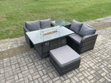 Fimous Rattan Garden Furniture Set with Gas Fire Pit Table 5 Pieces Outdoor Loveseat Sofa Set Dark Grey Mixed
