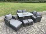 Fimous Outdoor Sofa Rattan Garden Furniture Set Patio Gas Fire Pit Dining Table and Reclining Chair set with 3 Footstools Dark Grey Mixed