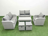 Fimous High Back Poly Rattan Garden Furniture Set with Reclining Chair Loveseat Sofa Oblong Coffee Table Indoor Outdoor Patio  Set 2 Stool Light Grey