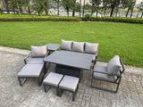 Fimous Aluminium Garden Furniture Sets 8 Seater Outdoor Sofa Set with Adjustable Rising Lifting Dining Table 2 Chairs 3 Footstools Side Table