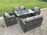 Fimous 6 Seater Dark Grey PE Wicker Rattan Garden Furniture Set Reclining Chair 2 Seater Love Sofa Set Outdoor Rectangular Dining Table