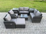 Fimous 7 Seater Rattan Sofa Set Outdoor Garden Furniture Set with Square Coffee Table Loveseat Sofa Reclining Chairs 2 Side Tables Big Footstool Dark Grey Mixed