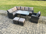 Fimous 9 Seater Outdoor Furniture Garden Dining Set Rattan Corner Sofa Set with 2 Small Footstools Dark Grey Mixed