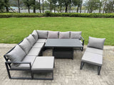 Fimous 9 Pieces Aluminium Garden Furniture Set with Cushions, Patio Furniture Set with Adjustable Rising Lifting Dining Table 2 Big Footstools Dark Grey
