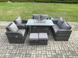 Fimous 8 Seater Rattan Garden Furniture Set Propane Gas Fire Pit Table and Sofa Chair set with Side Tables 2 Small Footstools