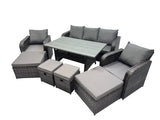 Fimous 8 Seat Outdoor Wicker PE Rattan Garden Furniture Set Dining Table Sofa Set with 4 Stools Dark Grey Mixed