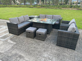 Fimous 10 Seater Outdoor Rattan Garden Furniture Gas Fire Pit Table Dining Set Gas Heater Lounge Chairs Small Footstools Dark Grey
