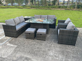 Fimous 10 Seater Outdoor Rattan Garden Furniture Gas Fire Pit Table Dining Set Gas Heater Lounge Chairs Small Footstools Dark Grey