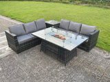 Fimous Outdoor Rattan Garden Corner Furniture Gas Fire Pit Table Dining Sets Gas Heater Burner Lounge Dark Grey 6 Seater