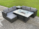 Fimous Outdoor PE Rattan Garden Corner Furniture Gas Fire Pit Table Sets Gas Heater Lounge Big Footstool Dark Grey 7 Seater