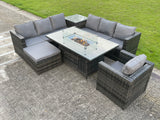 Fimous Rattan Garden Corner Furniture Gas Fire Pit Table Dining Sets Gas Heater Lounge Chair Big Footstool Side Coffee Table
