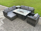 Fimous Rattan Garden Corner Furniture Gas Fire Pit Table Dining Sets Gas Heater Lounge Chair Big Footstool Side Coffee Table