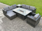Fimous Rattan Garden Corner Furniture Gas Fire Pit Table Dining Sets Gas Heater Lounge Chair Big Footstool Side Coffee Table