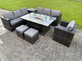 Fimous Outdoor Rattan Garden Corner Furniture Gas Fire Pit Table Sets Gas Heater Lounge Chair Small Footstool Dark Grey 9 Seater