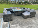 Fimous U Shape Outdoor Rattan Garden Furniture Gas Fire Pit Table Sets Gas Heater Lounge Sofa Dark Grey Big Footstool 10 Seater
