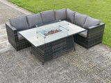 Fimous Outdoor Rattan Garden Corner Sofa Set Garden Furniture Gas Fire Pit Table Dining Sets Gas Heater Lounge Dark Grey 6 Seater