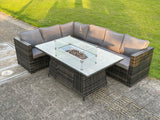 Fimous 6 Seater Outdoor Rattan Garden Corner Sofa Furniture Gas Fire Pit Table Sets Gas Heater Lounge Dark Grey
