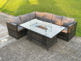 Fimous 6 Seater Outdoor Rattan Garden Corner Sofa Furniture Gas Fire Pit Table Sets Gas Heater Lounge Dark Grey