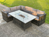 Fimous 6 Seater Outdoor Rattan Garden Corner Sofa Furniture Gas Fire Pit Table Sets Gas Heater Lounge Dark Grey